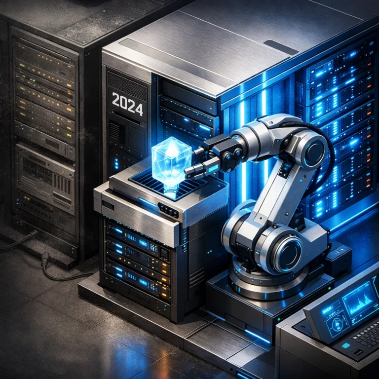 Futuristic server room representing fast software updates.