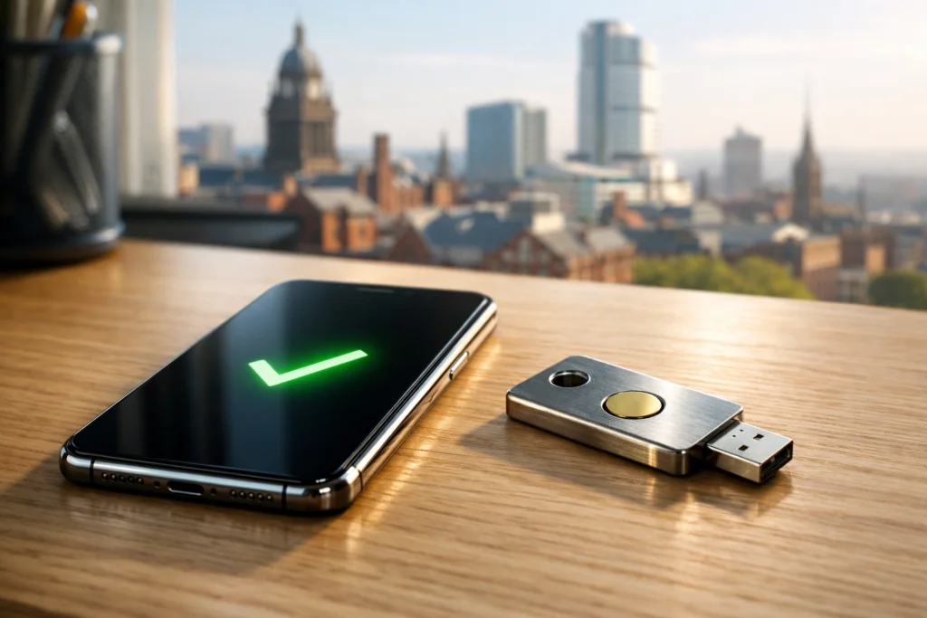 Secure hardware MFA key and smartphone on a desk.