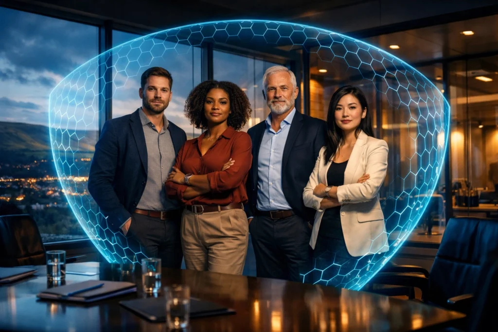 Digital security shield protecting business professionals.